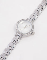 Small Rhodium Diamante Round Strap Watch - link has visual effect only