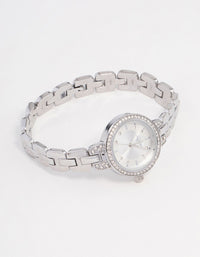 Small Rhodium Diamante Round Strap Watch - link has visual effect only