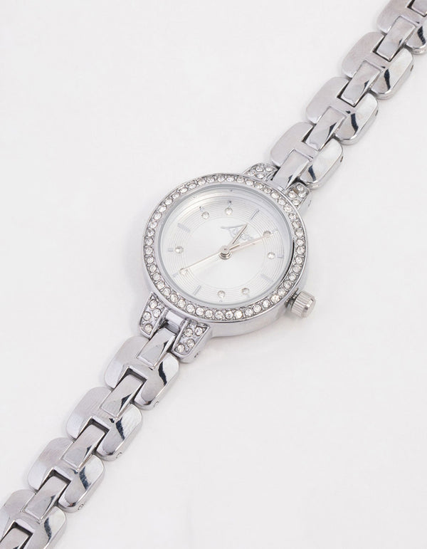 Small Rhodium Diamante Round Strap Watch