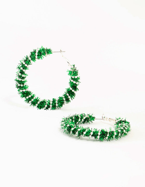 Green Tinsel Silver Hoop Earrings