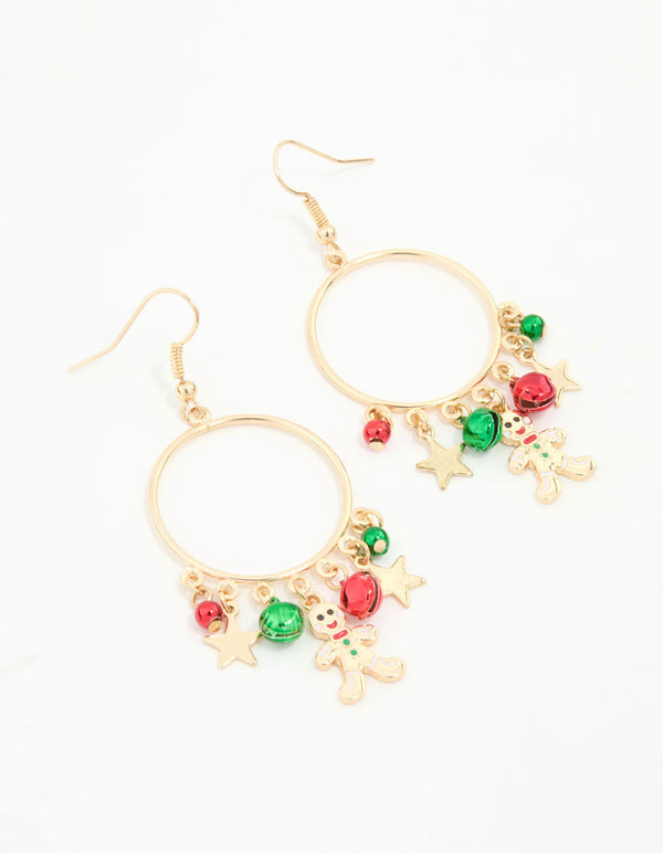 Gold Gingerbread Man & Bells Hoop Drop Earrings