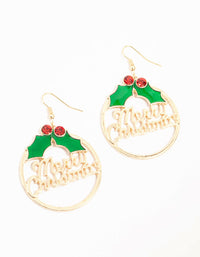 Gold Merry Christmas Wreath Hoop Drop Earrings - link has visual effect only