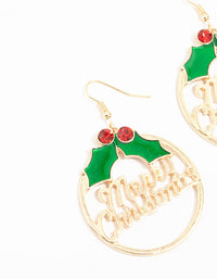 Gold Merry Christmas Wreath Hoop Drop Earrings - link has visual effect only