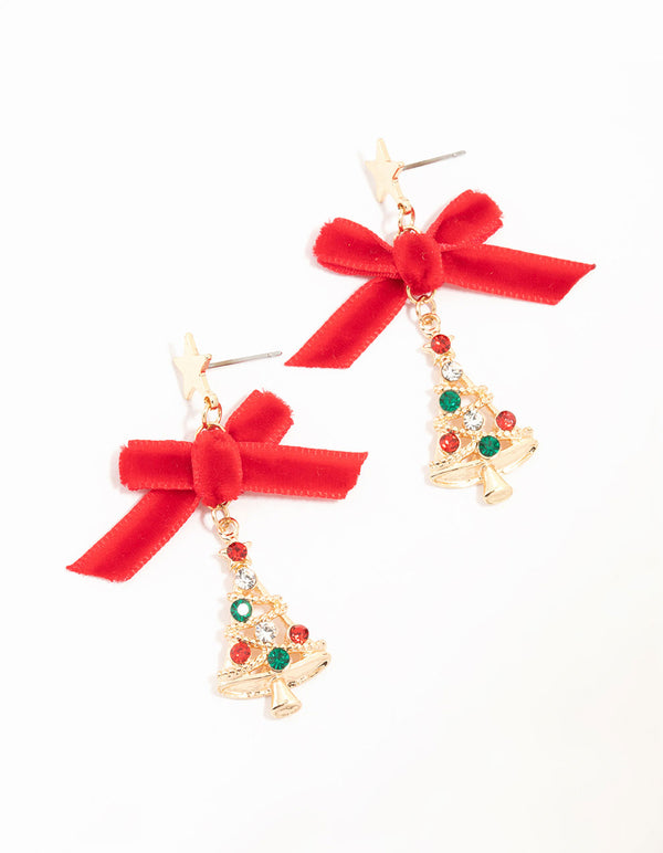 Red Bow & Diamante Tree Drop Earrings