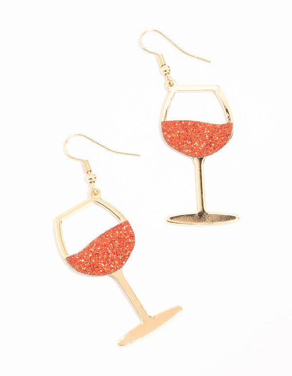 Red Glittery Wine Glass Drop Earrings