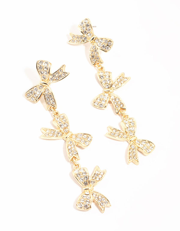 Gold Diamante Bows Drop Earrings