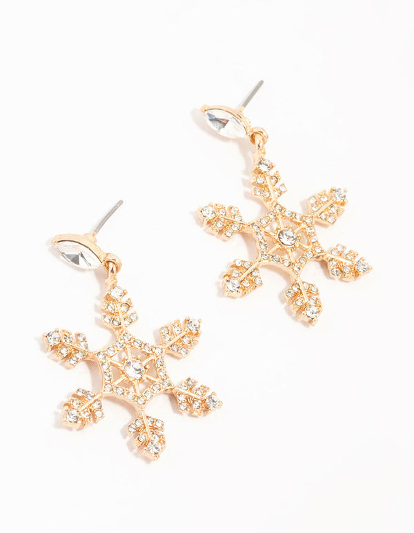 Gold Diamante Snowflake Drop Earrings