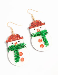 Snowman With Green Tinsel Scarf Acrylic Drop Earrings - link has visual effect only