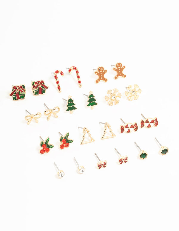 Mixed Gingerbread Man & Present Gold Stud Earrings 12-Pack