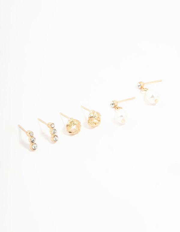 Gold Pearl & Diamante Stud Earrings 3-Pack