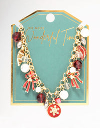 Red Bow & Beads Gold Charm Necklace - link has visual effect only