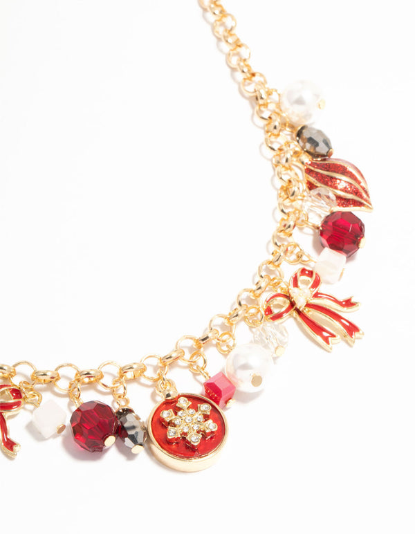 Red Bow & Beads Gold Charm Necklace