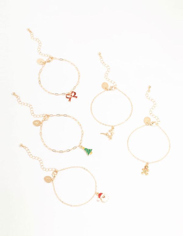 Tree & Santa Gold Charm Bracelets 5-Pack