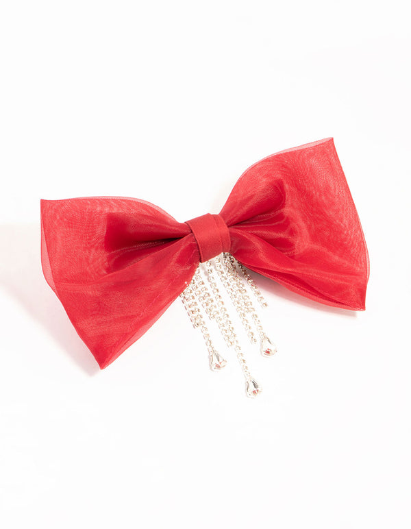 Red Organza Fabric Diamante Bow Clip