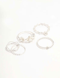 Silver Twisted, Sleek & Diamante Flower Style Rings 6-Pack - link has visual effect only