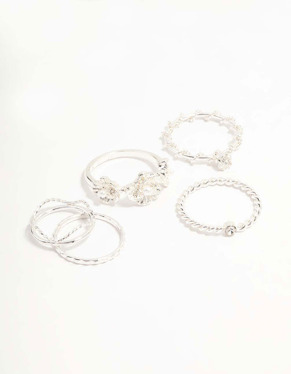 Silver Twisted, Sleek & Diamante Flower Style Rings 5-Pack