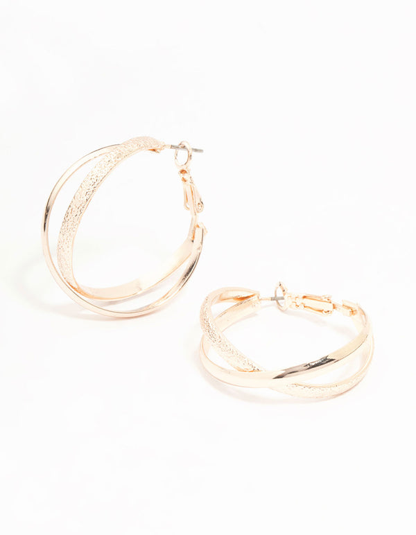 Rose Gold Mixed Textured Crossover Hoop Earrings