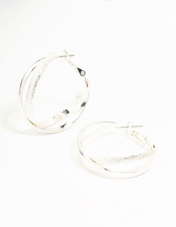 Silver Mixed Texture Crossover Hoop Earrings