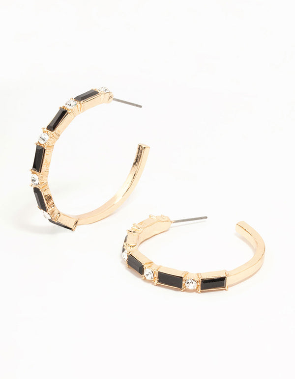 Gold Baguette Cut Black Medium Hoop Earrings