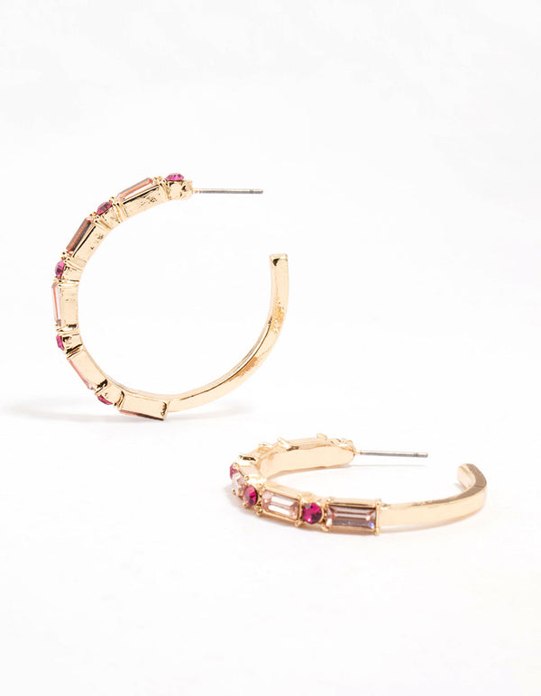 Gold Baguette Pink Diamante Crystals Hoop Earrings