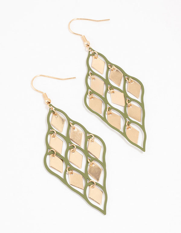 Gold & Green Diamond Cut Out Drop Earrings