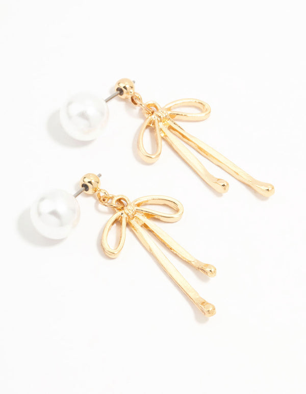 Gold Pearl & Bow Drop Earrings