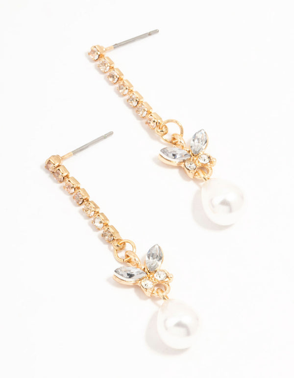 Gold Cup Chain Diamante Butterfly & Pearl Drop Earrings