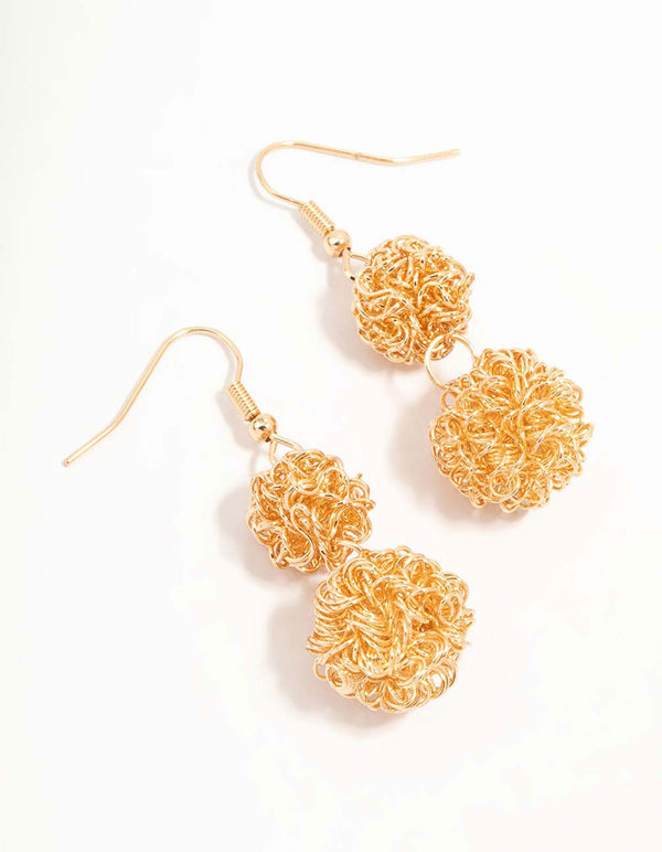 Gold Double Wire Ball Drop Earrings