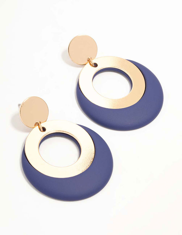 Gold & Blue Acrylic Disc & Circle Drop Earrings