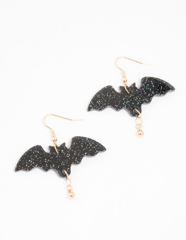 Black Acrylic Glitter Bat Drop Earrings