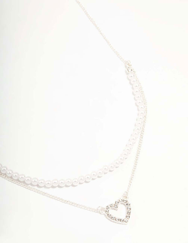 Silver Pearl & Diamante Heart Layered Necklace