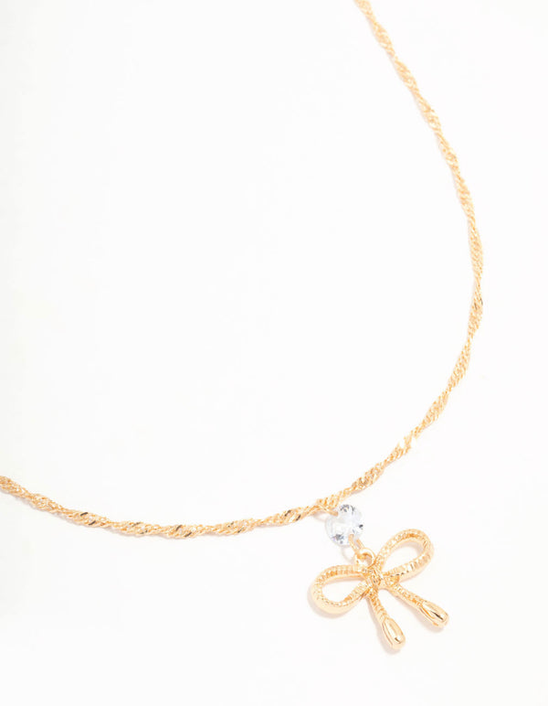 Gold Twisted Diamante Bow Chain Necklace