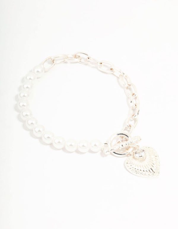 Silver Chain Pearl Heart T & O Bracelet