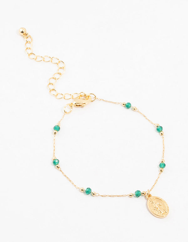 Gold Plated Green Beaded Mary Bracelet