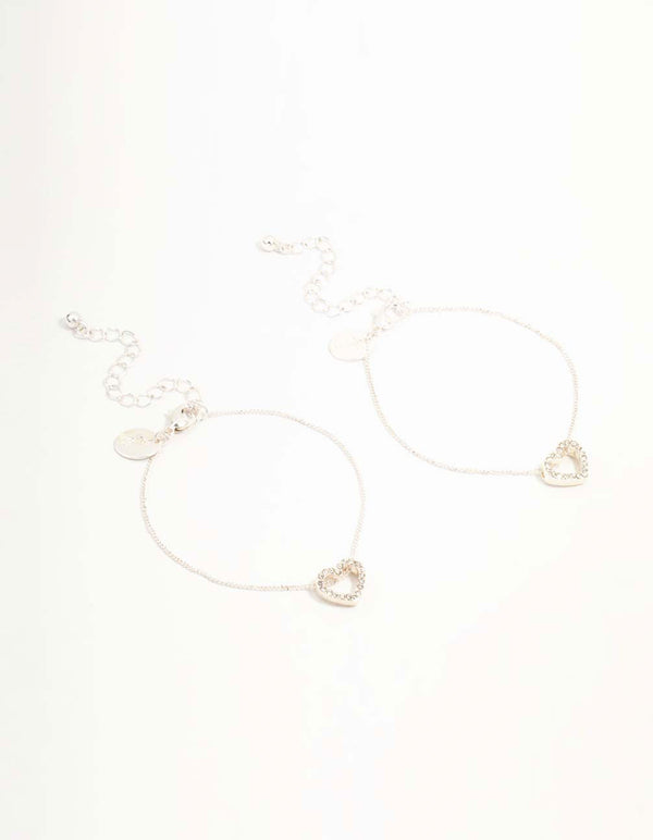 Silver Open Heart Diamante Bracelets 2-Pack