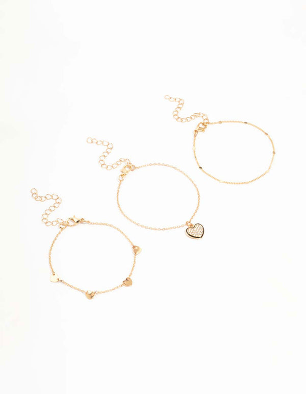 Gold Heart Diamante Bracelets 3-Pack