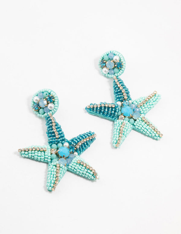 Blue Beaded Starfish Drop Earrings