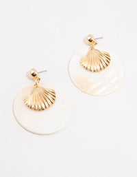 Cream Pearlised Disc & Gold Ribbed Shell Drop Earrings - link has visual effect only