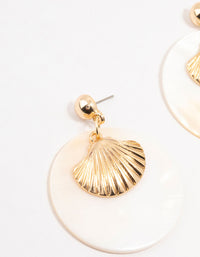 Cream Pearlised Disc & Gold Ribbed Shell Drop Earrings - link has visual effect only