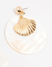 Cream Pearlised Disc & Gold Ribbed Shell Drop Earrings - link has visual effect only