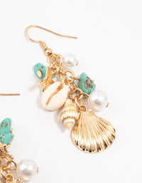 Gold Shell, Pearl & Blue Stone Drop Earrings - link has visual effect only