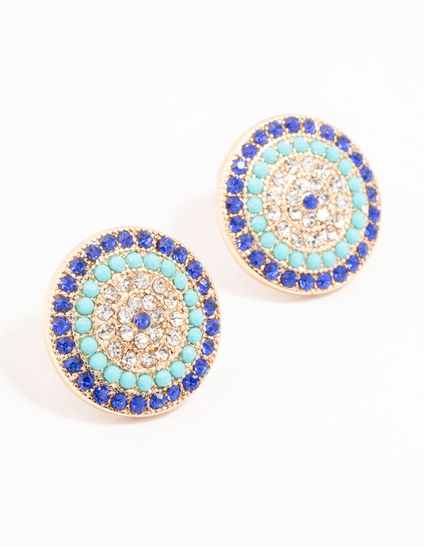 Blue Evil Eye Gold Stud Earrings