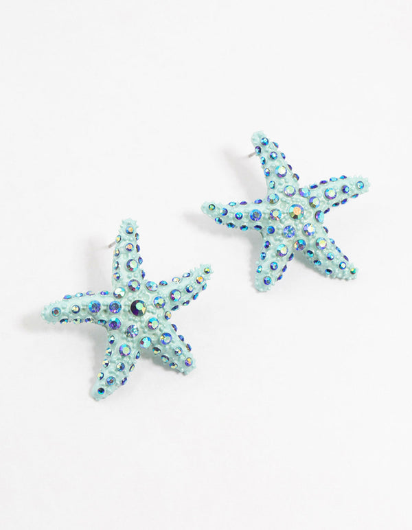 Blue Coated Metal Small Starfish Stud Earrings