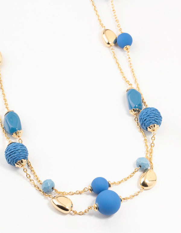 Gold & Blue Straw Beads Necklace