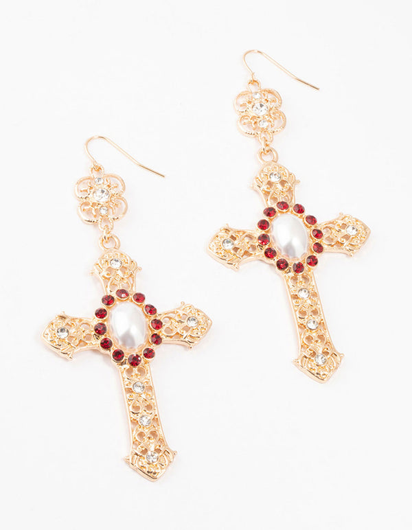 Gold  & Red Pearl Large Cross Drop Earrings