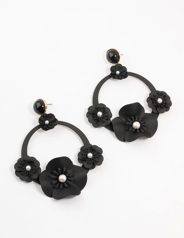 Large Black Coated Floral Circle Drop Earrings