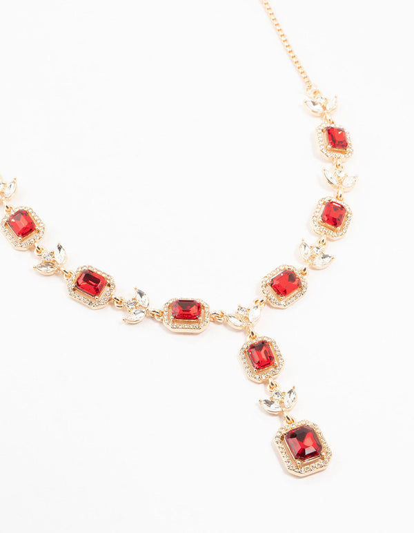 Gold Halo Red Diamante Y-Necklace