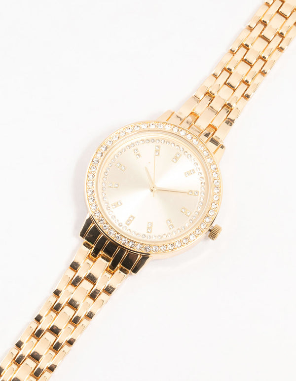 Gold Round Diamante Watch