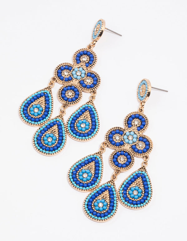 Blue Beaded Bug Multirow Drop Earrings