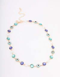 Blue Stone & Evil Eye Motif Gold Necklace - link has visual effect only